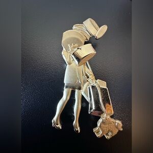 Vintage AJC Gold Tone Lady Shopper with Dog Brooch